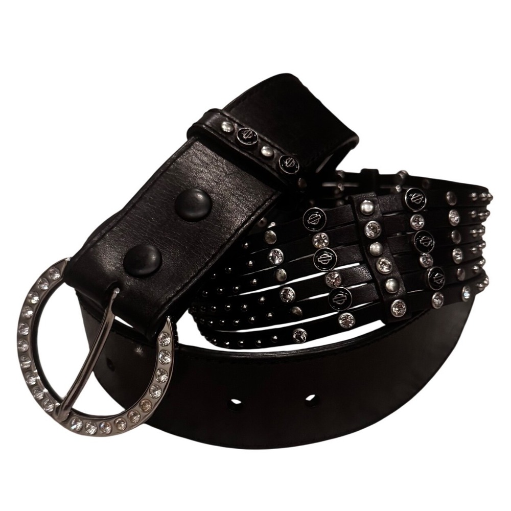 Harley-Davidson Trilogy Woman's Black Leather Rhinestone Logo Studs Belt M 2013